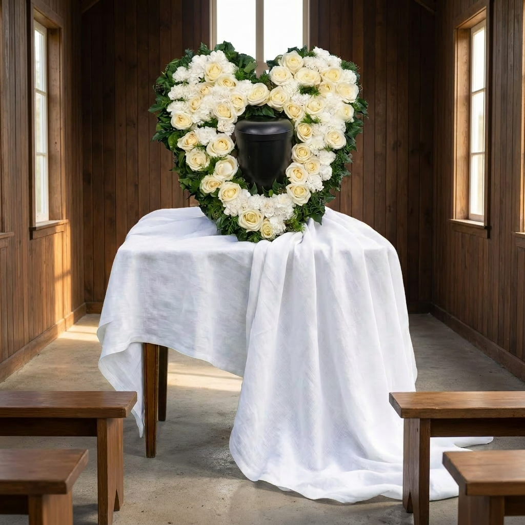 Herz mit Rosen und Nelken in Weiß mit Urne