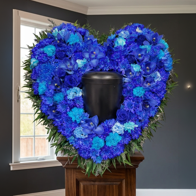 Herz mit blauen Rosen, blauen Orchiedeen und Urne