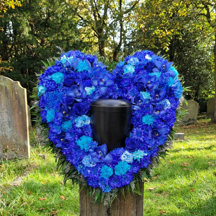 Herz mit blauen Rosen und Urne