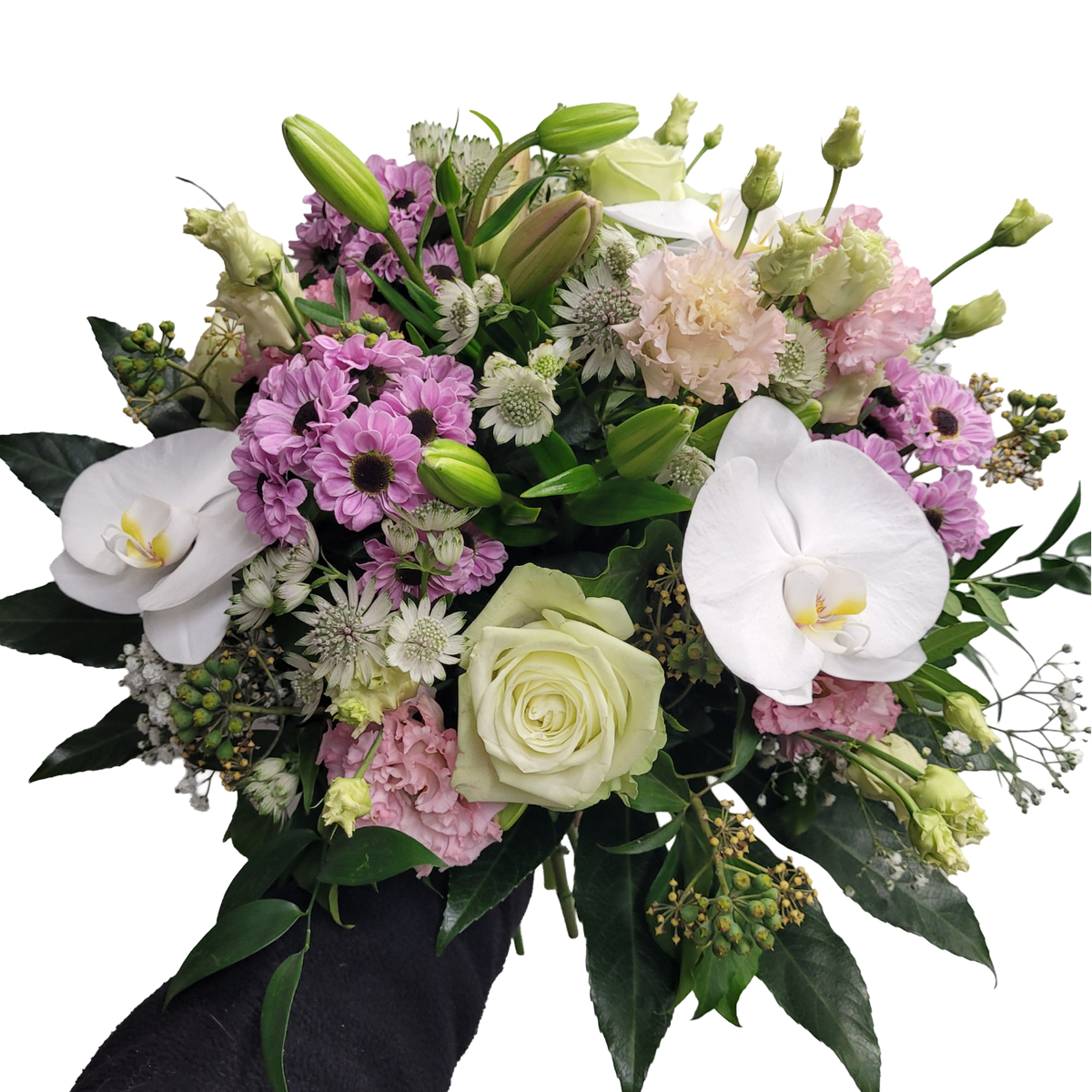 Kondolenzstrauss_-_Lilien_Eustoma_Santini_Astrantie_Eustoma_Efeu_Phalaenopsis_Rosen_-_Creme_Weiss_Rosa