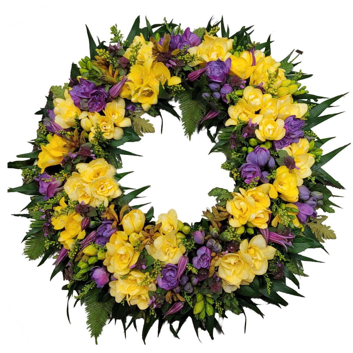 Kranz_-_Solidago._Clematis_Anigozanthos_Lamium_Freesien_-_Gelb._Lila