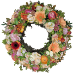 Urnenfußkranz -Kranz_Blumig_-_Tulpen_Ranunkeln_Freesien_Frauenmandel_Rosen_Eustoma_Santini_Schleierkraur_Gerbera_-_Apricot_Rosa_Creme_-_Fruehling