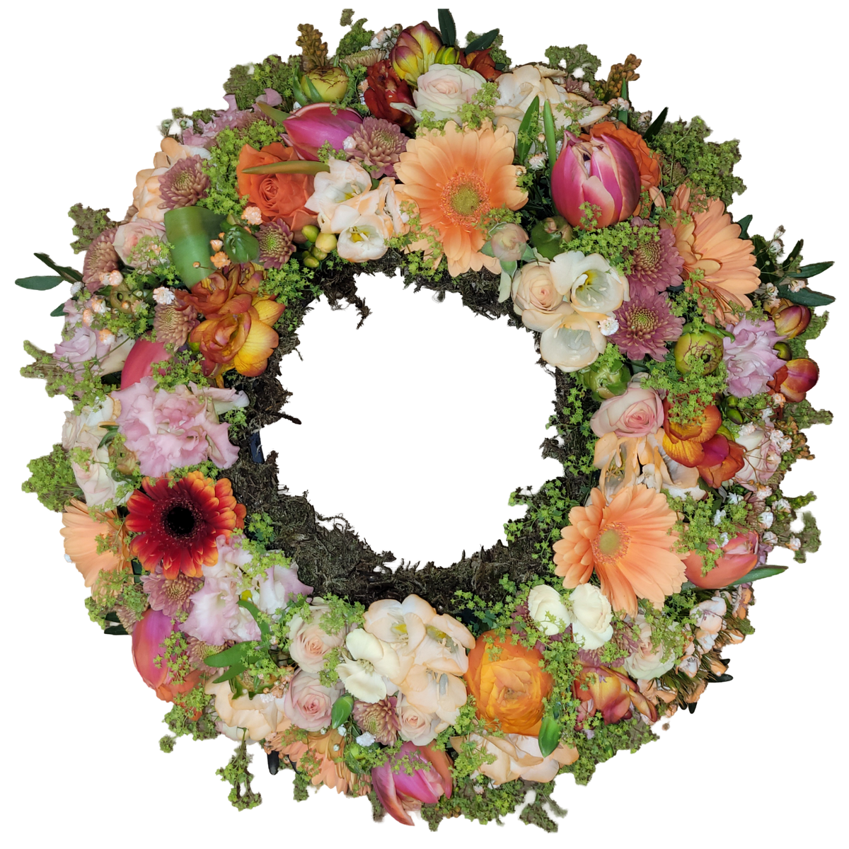 Urnenfußkranz -Kranz_Blumig_-_Tulpen_Ranunkeln_Freesien_Frauenmandel_Rosen_Eustoma_Santini_Schleierkraur_Gerbera_-_Apricot_Rosa_Creme_-_Fruehling