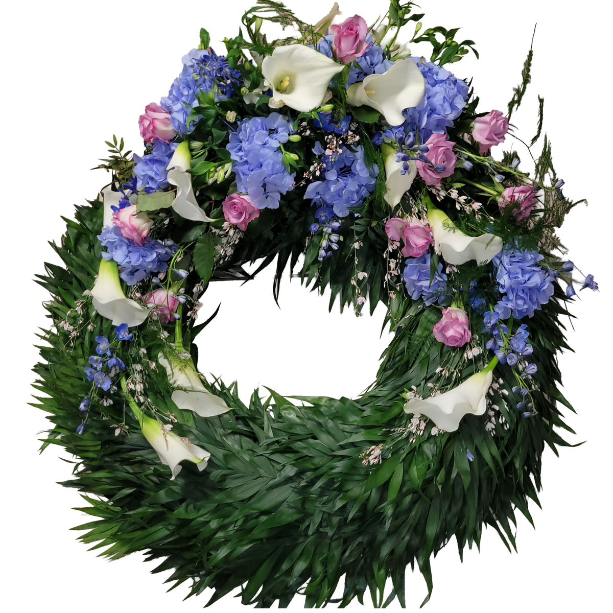 Kranz_Gebunden_-_Dekorativ_-_Chrysanthemen_Ginster_Alstromerie_Calla_-_Rosa_Flieder_Weiss