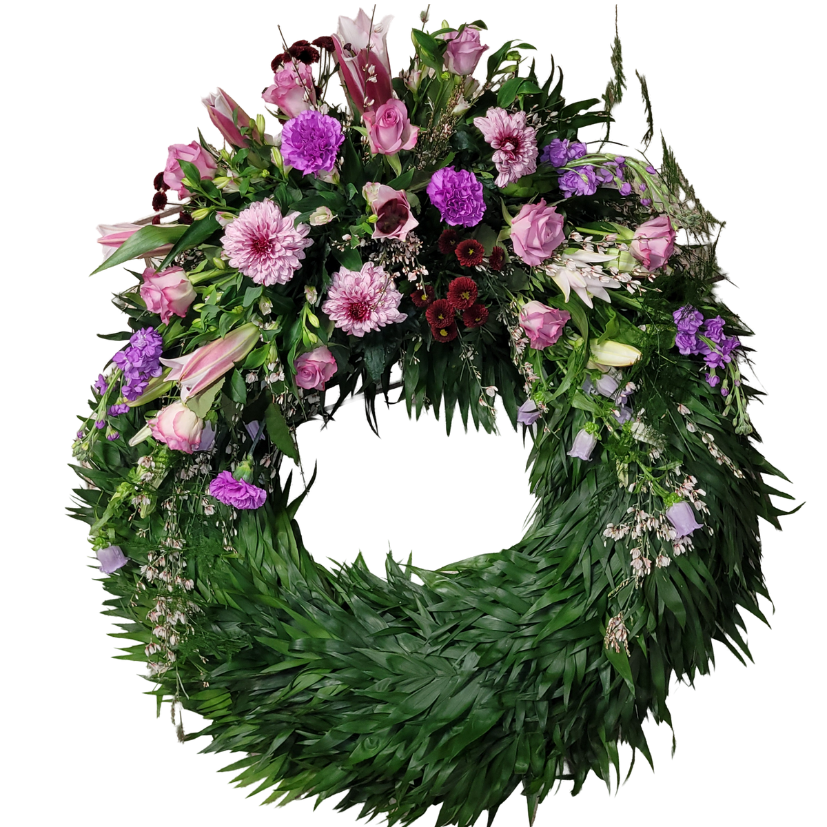 Kranz_Gebunden_-_Dekorativ_-_Chrysanthemen_Nelken_Campanula_Lilien_Ginster_Nelken_Alstromerie_-_Bordoax_Rosa_Flieder_Rosa_Weiss