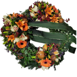 Kranz_Gebunden_-_Orchiedea_Cymbiedie_Lilien_Protea_Nutan_Anigozamthos_Gerbera_Limonium_Solidago_Hypericum_Santini_-_Orange_Rot_Blau_Gelb