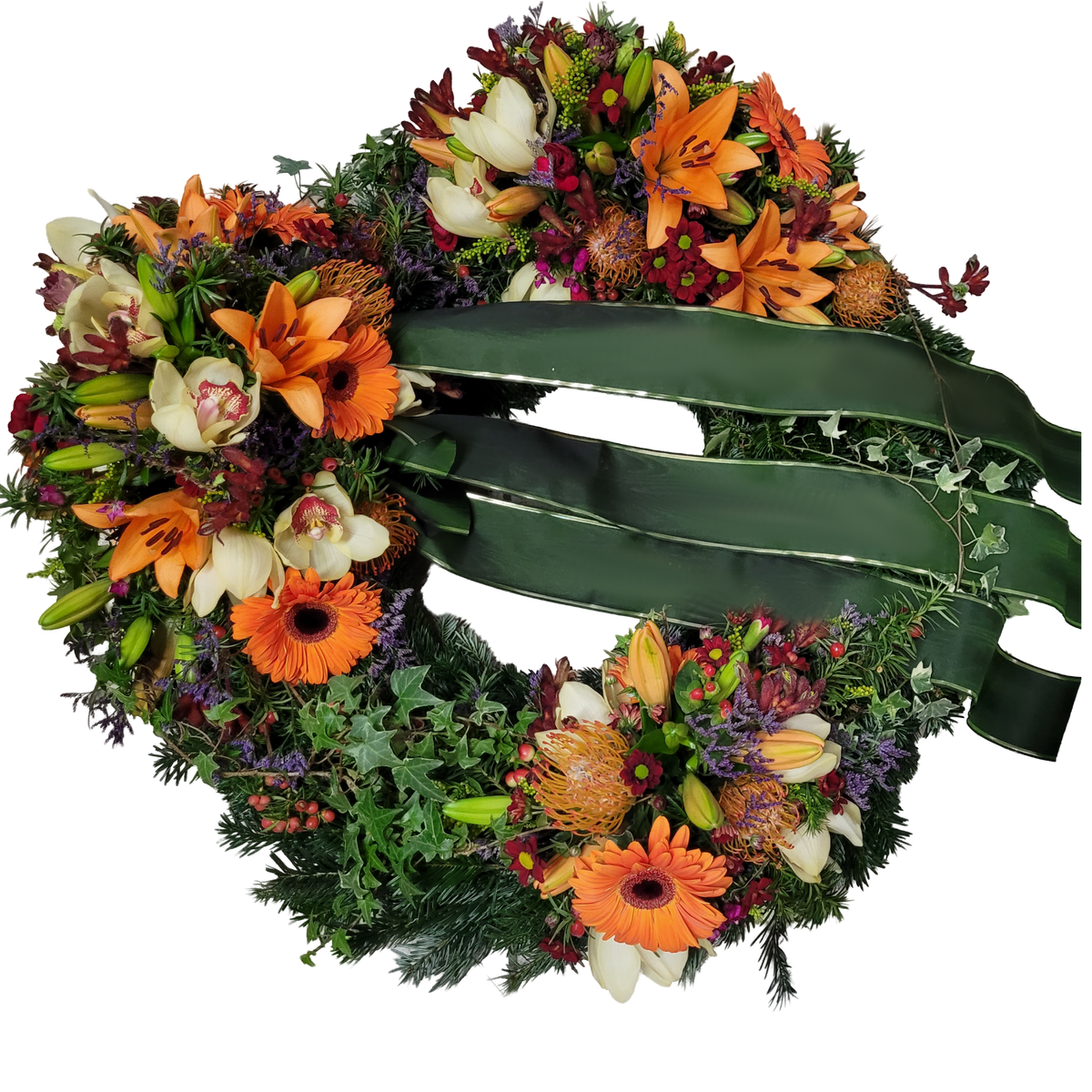 Kranz_Gebunden_-_Orchiedea_Cymbiedie_Lilien_Protea_Nutan_Anigozamthos_Gerbera_Limonium_Solidago_Hypericum_Santini_-_Orange_Rot_Blau_Gelb