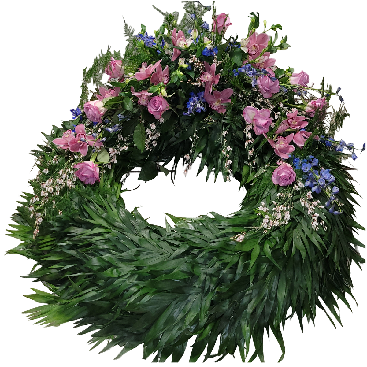 Kranz_Gebunden_-_Orchiedeen_Rosen_Alstromerie_Rittersporn_Ginster_-_Rosa_Flieder_Blau_Weiss