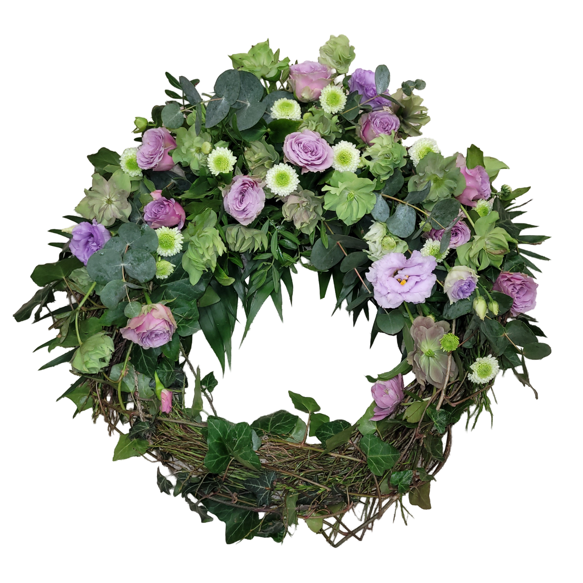 Kranz_Gebunden_-_Santini_Christrosen_Rosen_Eustoma_Eucalypthus_-_Gruen_Lila_Flieder_-_Saison
