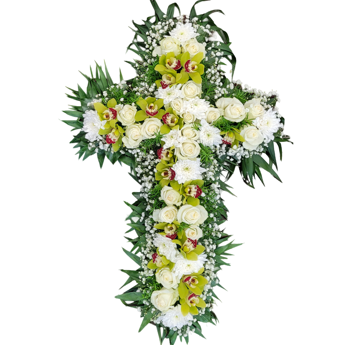 Kreuz_-_Rosen_Chrysanthemen_Chymbidie_-_Orchiedea_Schleierkraut_-_Weiss_Gruen_Rot
