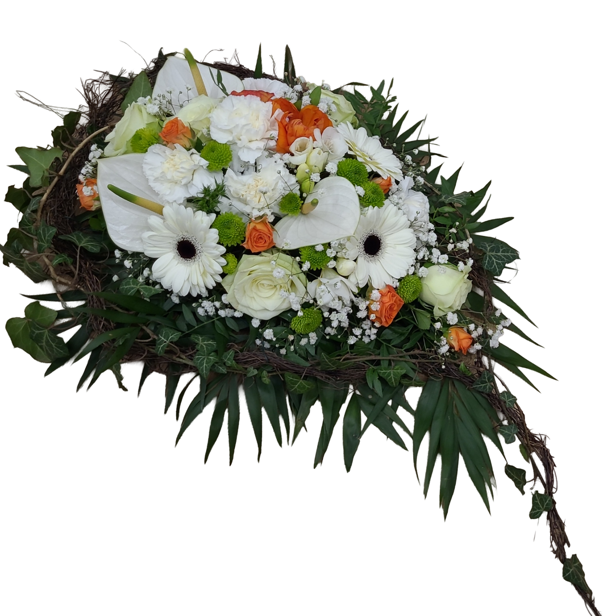 Traene_-_Germenis_Santini_Nelken_Rosen_Anthurie_Santini_Freesien_-_Weiss_Gruen_Orange_-_Exoten