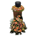 Urnenfusskranz_-_Gesteck_Hoch_-_Loewenmaul_Frauenmandel_Santini_Rosen_Germinis_Eustoma_Freesien_-_Apricot