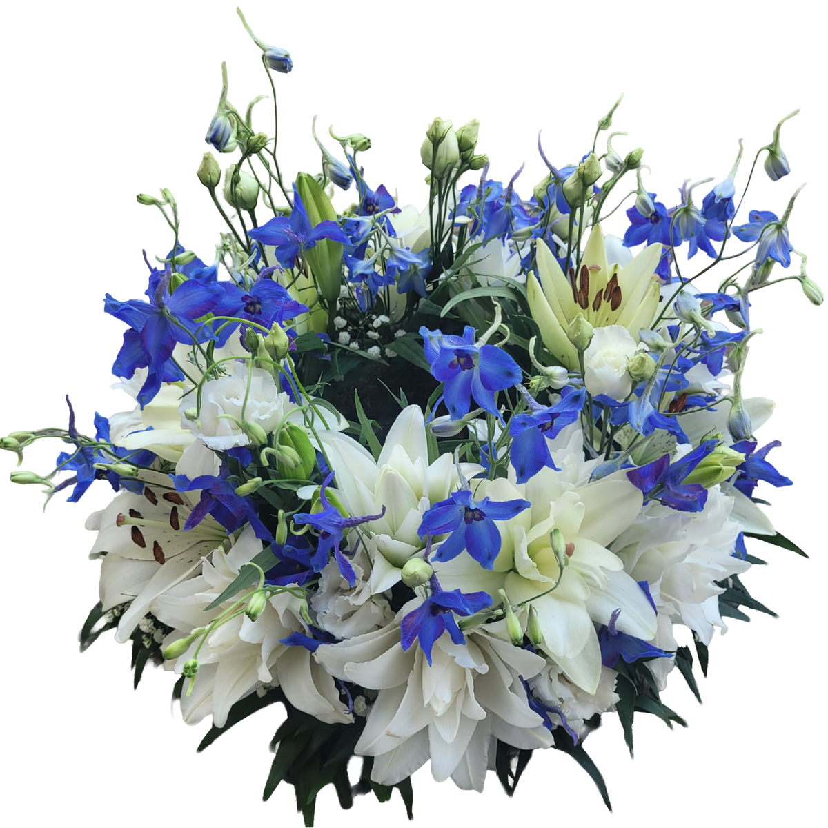 Urnenfusskranz_-_Lilien_Rittersporn_Eustoma_-Blau_Weiss_0cce