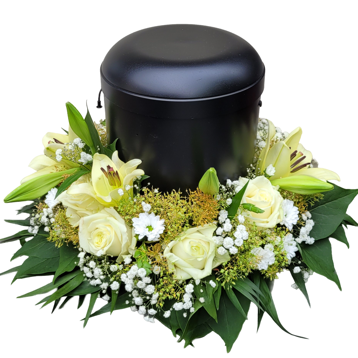 Urnenfusskranz_-_Lilien_Rosen_Schleierkraut_-_Weiss