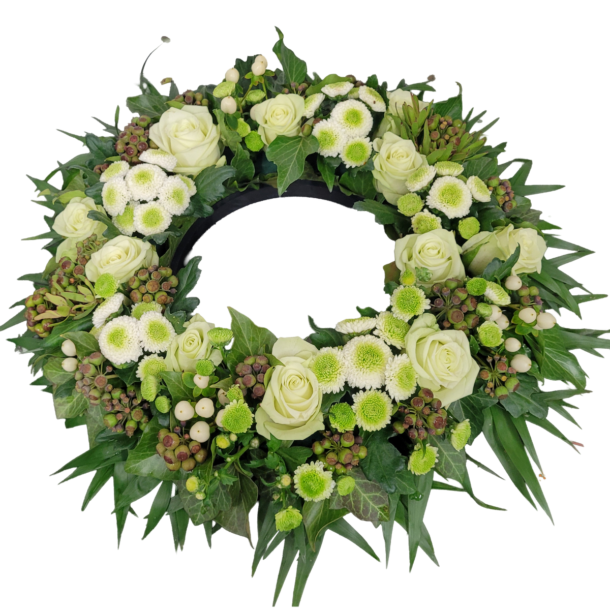 Urnenfusskranz_-_Rosen_Chrysanthemen_Hypericum_-Weiss_Gruen_