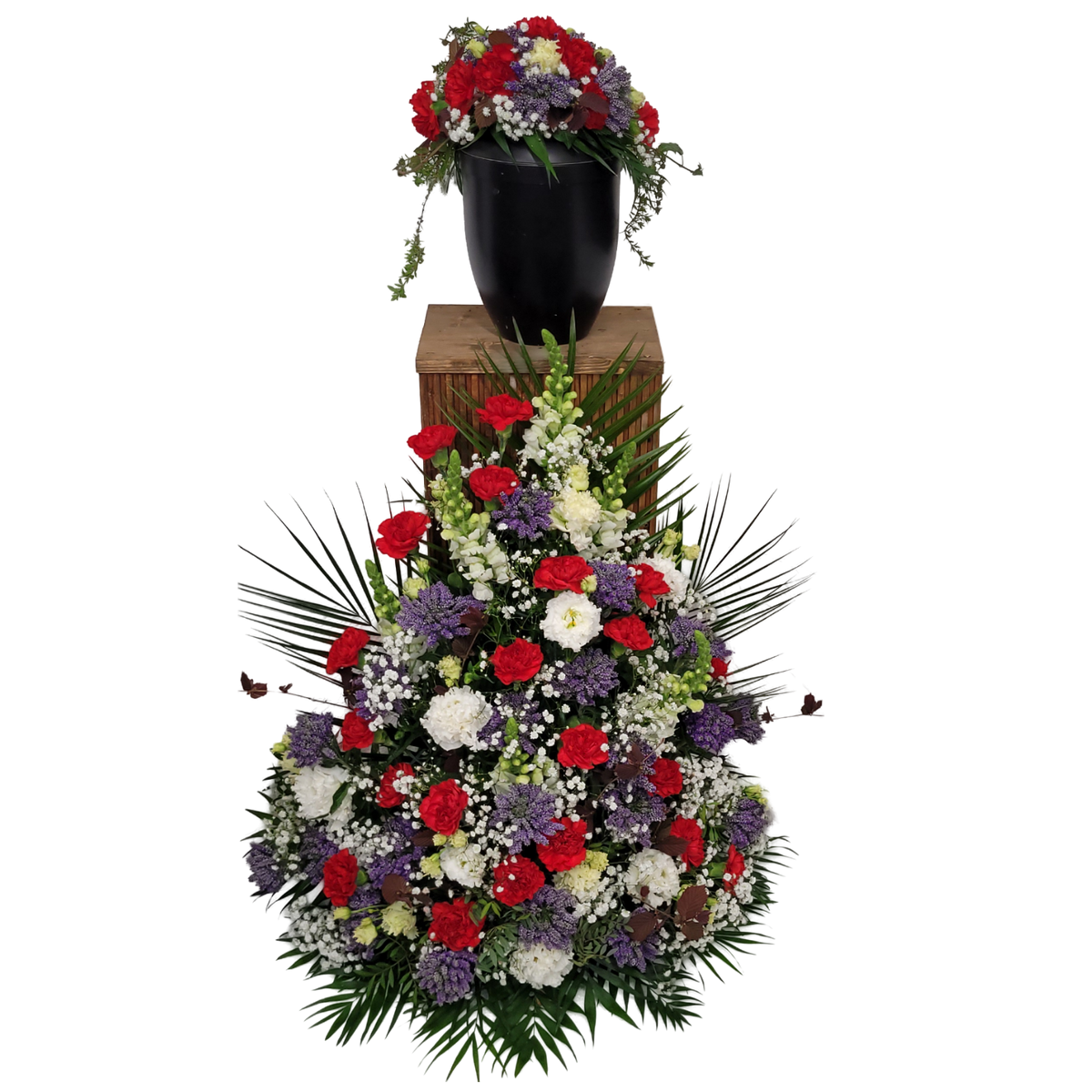 Urnenfusskrone_und_Trauergesteck_-_Loewenmaul_Eustoma_Veronika_Nelken_Schleierkraut_-_rot_Blau_Weiss