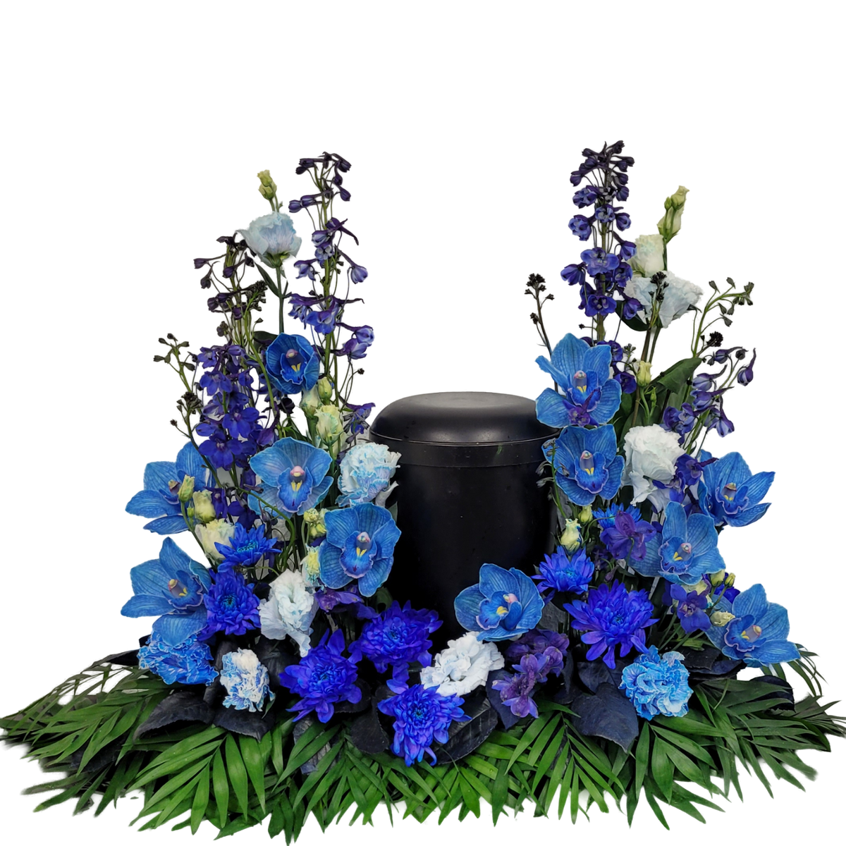 Urnengesteck_-_Chrysanthemen_Eustoma_Nelken_Orchiedeen_Rittersporn_-_Blau_-_Exoten