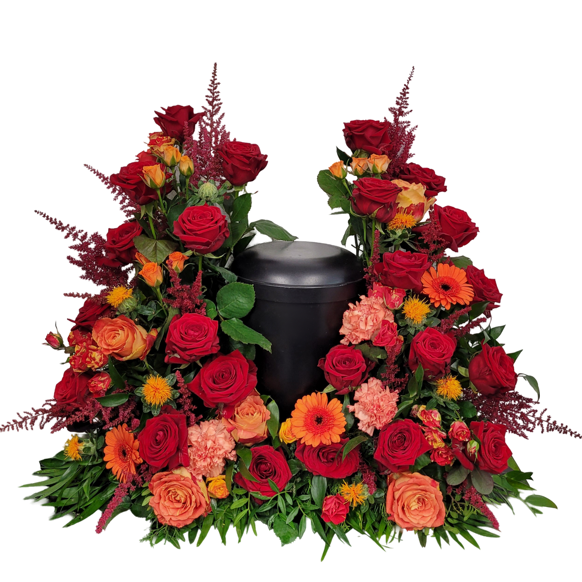 Urnengesteck_Mittig_-_Astilbe_Mehrstieler_Rosen_Edel_Rosen_Chartamus_Astilbe_Nelken_-_Rot_Orange