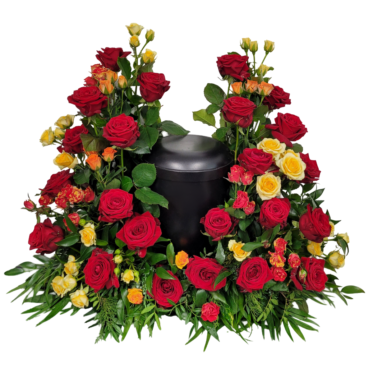 Urnengesteck_Mittig_-_Nur_Rosen_-_Mehrstieler_Rosen_Edel_Rosen_-_Rot_Gelb_Orange