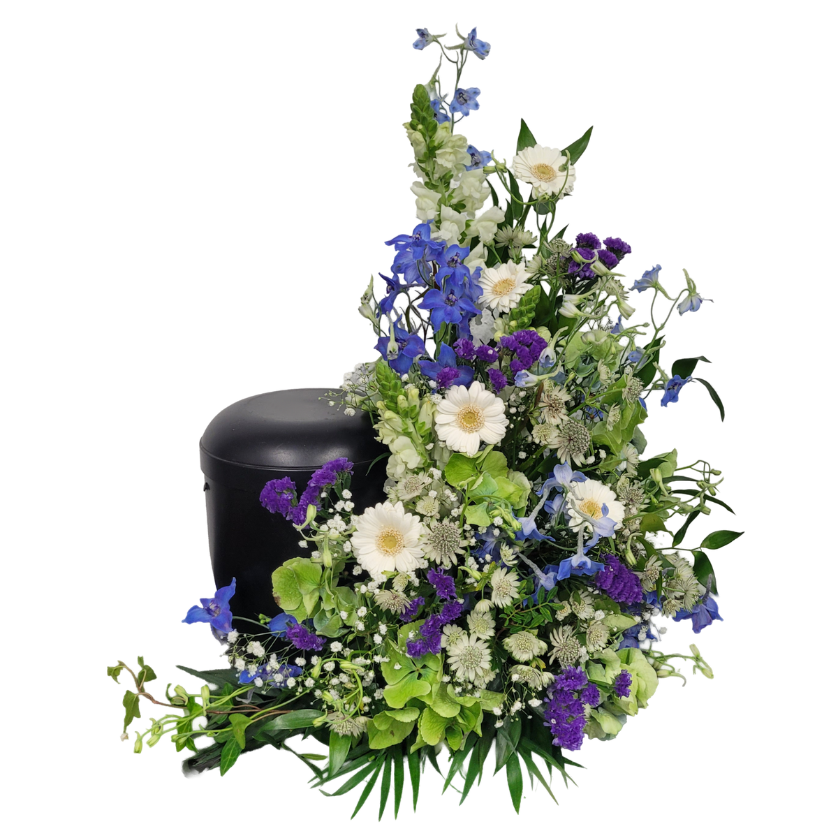 Urnengesteck_Seitlich_-_Loewenmaul_Gerbera_Statice_Astrantie_Schleierkraut_Rittersporn_-_Weiss_Blau