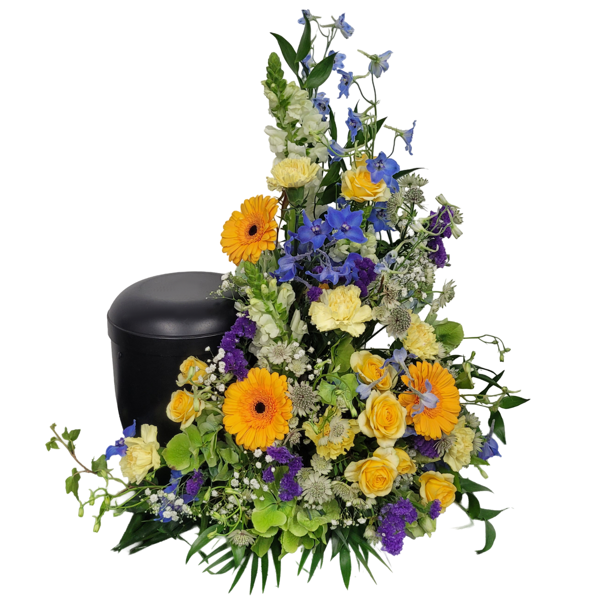 Urnengesteck_Seitlich_-_Loewenmaul_Gerbera_Statice_Nelken_Rosen_Astrantie_Schleierkraut_Rittersporn_-_Weiss_Blau_Gelb