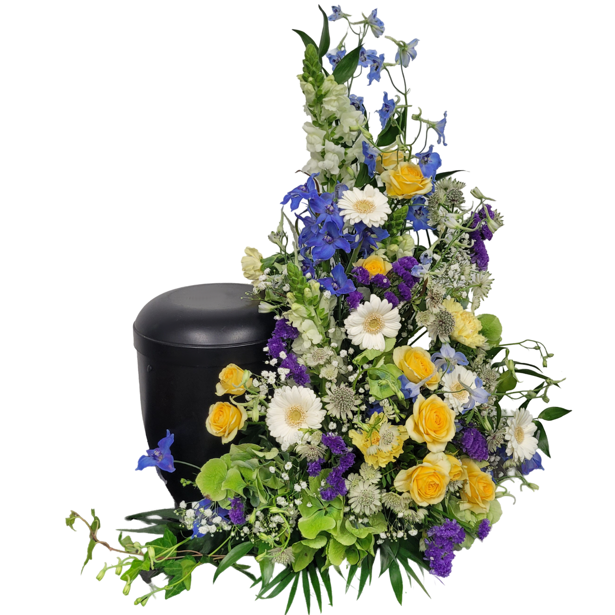 Urnengesteck_Seitlich_-_Loewenmaul_Gerbera_Statice_RosenAstrantie_Schleierkraut_Rittersporn_-_Weiss_Blau_Gelb