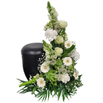 Urnengesteck_Seitlich_-_Nelken_Ornithogalum._Gerbera_Hortensie_Loewenmaul_Astrantie_Schleierkraut_Hortensie_-_Weiss_Gruen
