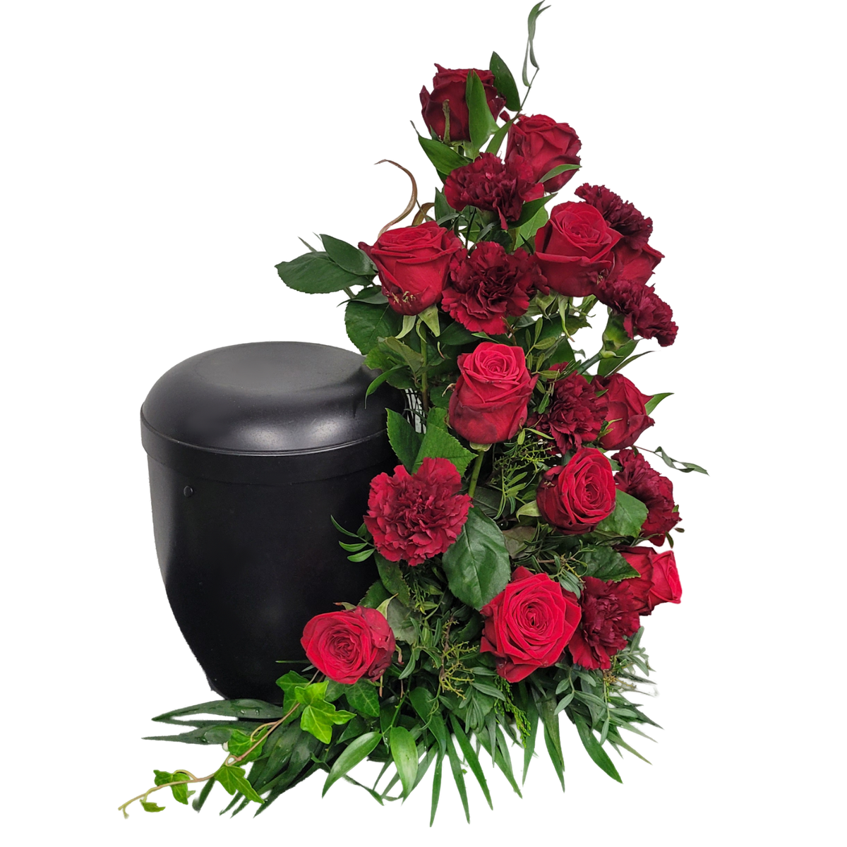 Urnengesteck_Seitlich_-_Nelken_Rosen_-_Rot