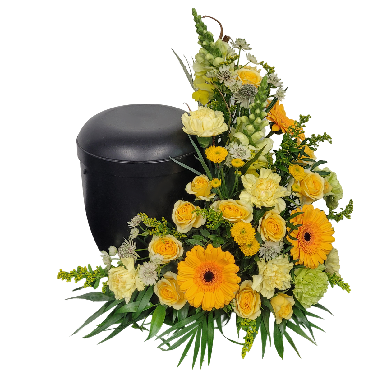 Urnengesteck_Seitlich_-_Rosen_Astrantie_Solidago_Santini_Nelken_Gerbera_Loewenmaul_-_Gelb