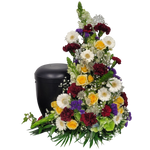 Urnengesteck_Seitlich_-_Rosen_Astrantie_Solidago_Santini_Nelken_Gerbera_Loewenmaul_-_Gelb_Weiss_Rot_Blau