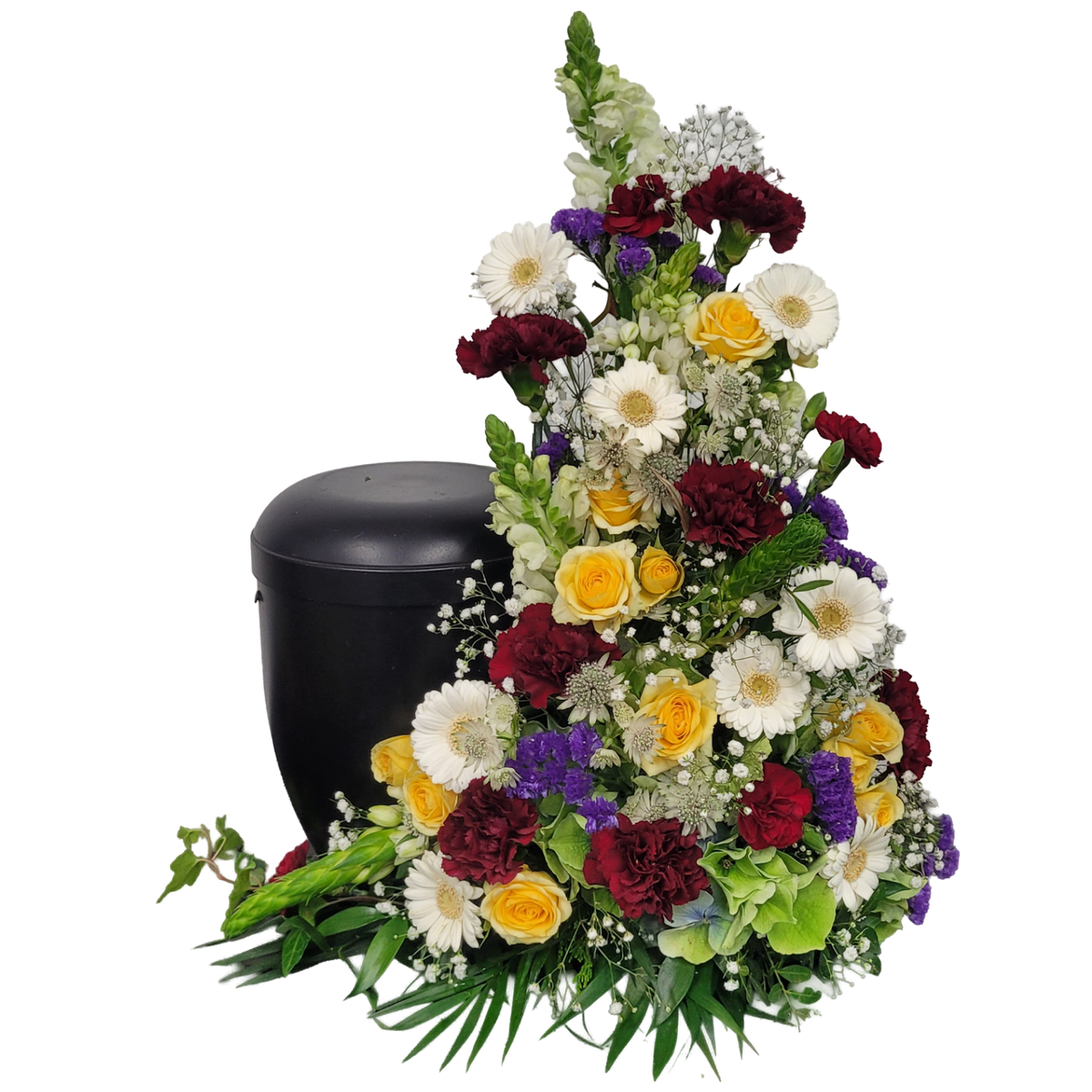 Urnengesteck_Seitlich_-_Rosen_Astrantie_Solidago_Santini_Nelken_Gerbera_Loewenmaul_-_Gelb_Weiss_Rot_Blau