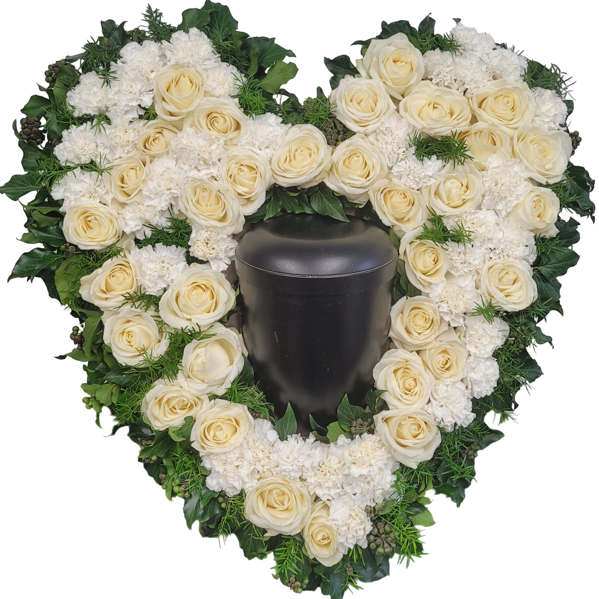 Urnenherz_-_Nelken_Rosen_-_Weiss