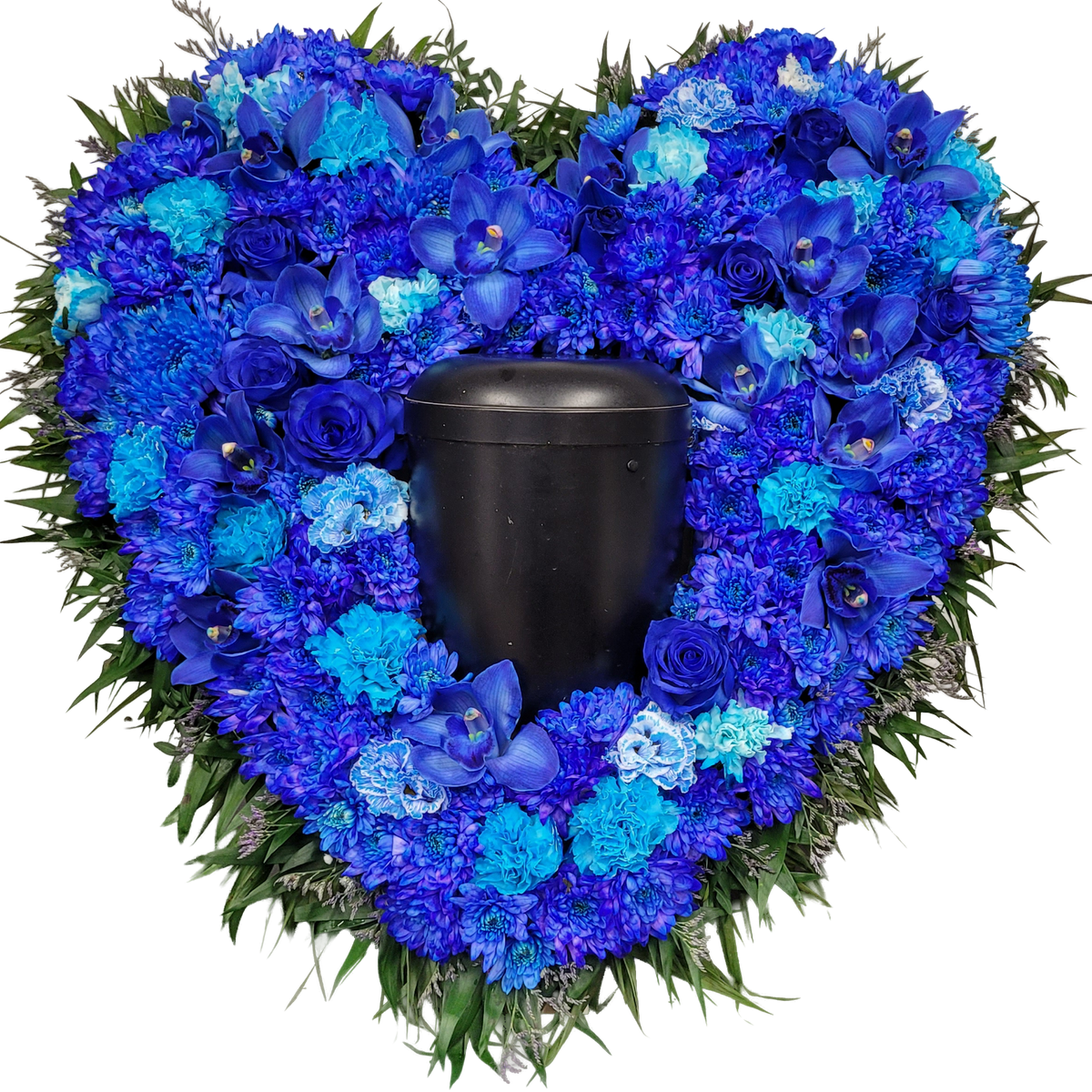 Urnenherz_-_Rosen_Orchiedeen_Eustoma_Nelken_Chrysanthemen_-_Blau_Weiss