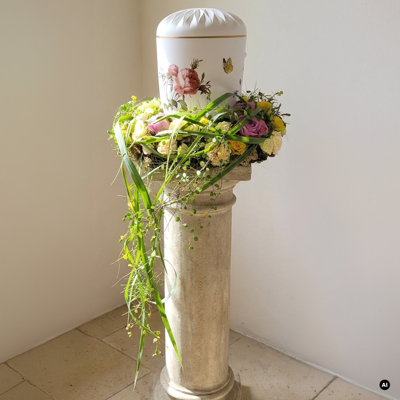 Urnenkranz mit Rosen zur Bestattung (KI-generiertes Bild - Hintergrung)