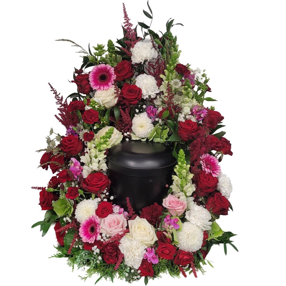 Urnenkranz_stehend_-_Rosen_-_Minirosen_Edelrosen_Astrantie_Astilbe_Wicken_Loewenmaul_Nelken_Dekochrysanthemen_-_Rot_Weiss_Rosa