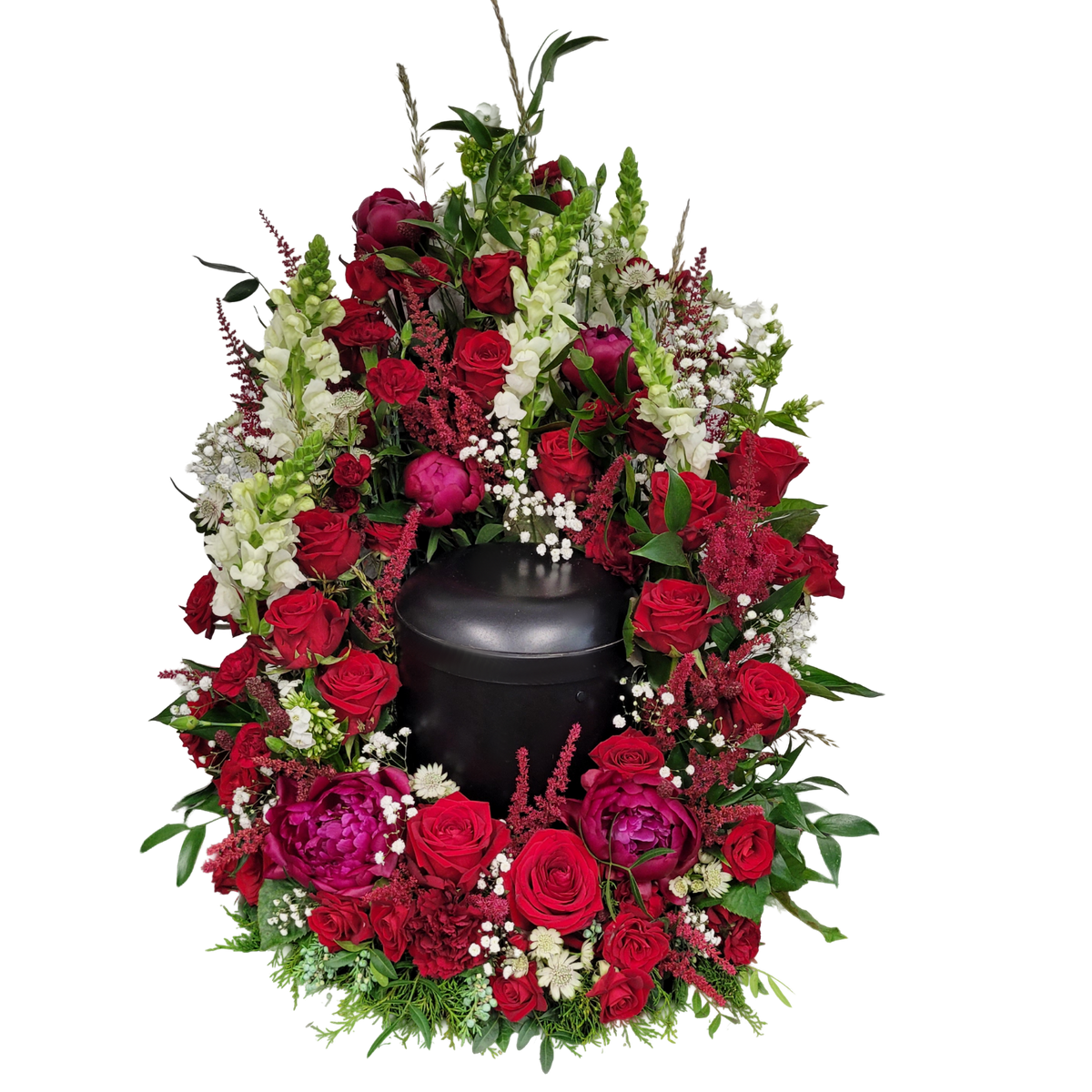 Urnenkranz_stehend_-_Rosen_-_Minirosen_Edelrosen_Astrantie_Astilbe_Loewenmaul_Peonia_Pfingstrose_-_Rot_Weiss