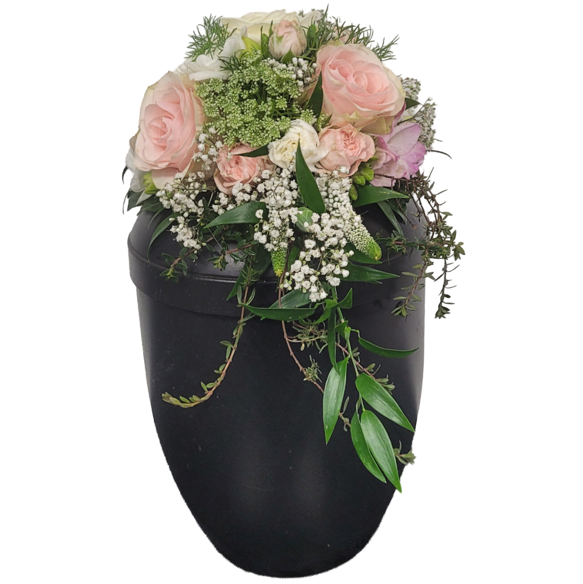 Urnenkrone-Rosen_Veronika_Dill_Freesien-LachsWeiss-eine Seite Haengend