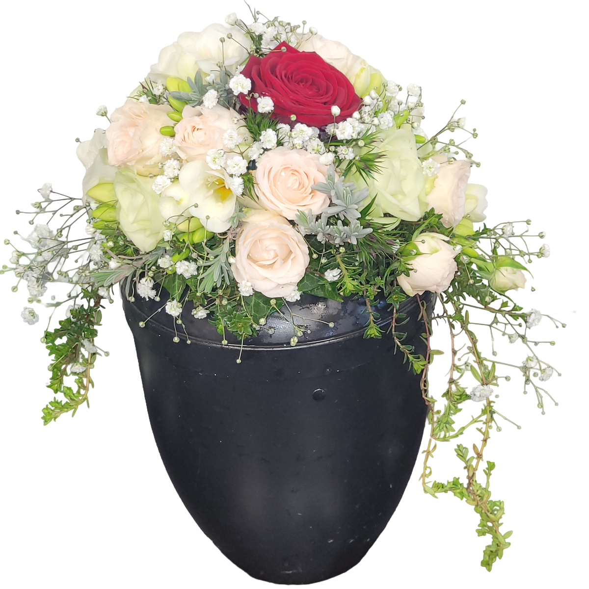 Urnenkrone_-_Rosen_Freesien_weiss_rot_-_mit_einer_roten_Rose