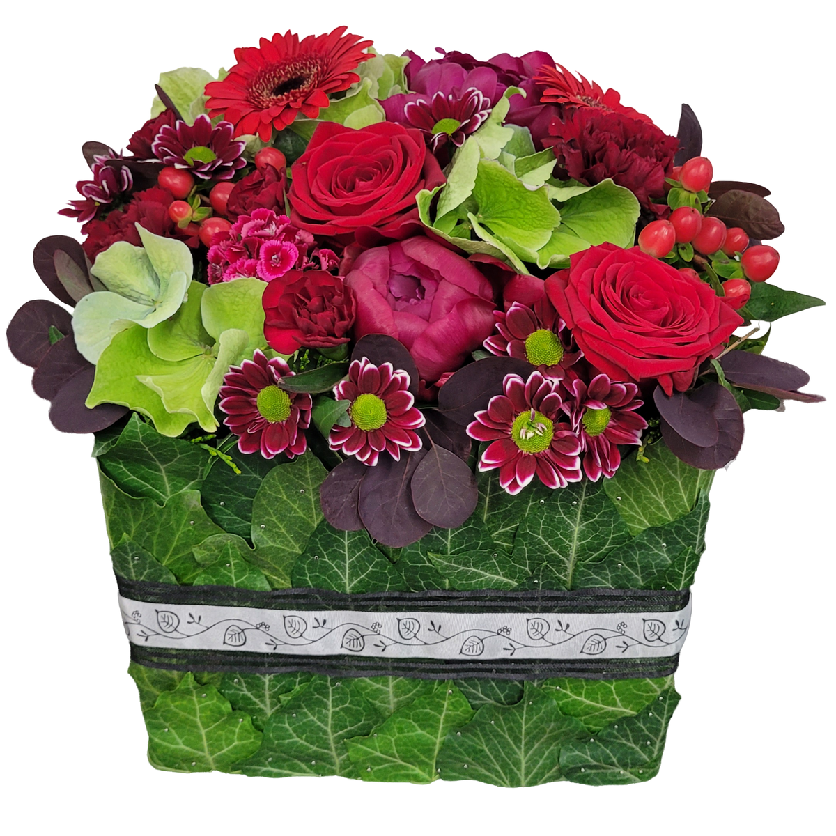 Wuerfel_Pfinkstrosen_Rosen_Gerbera_Hypericum_Hortensie_Nelken_-_Saison_Mai_Pfingsrose_-_Rot_Gruen
