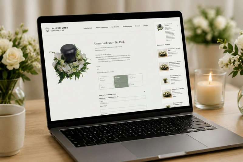Laptop mit Trauerblumen Shop