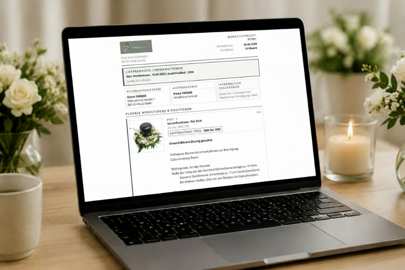 Laptop mit Werkstattblatt im Monitor