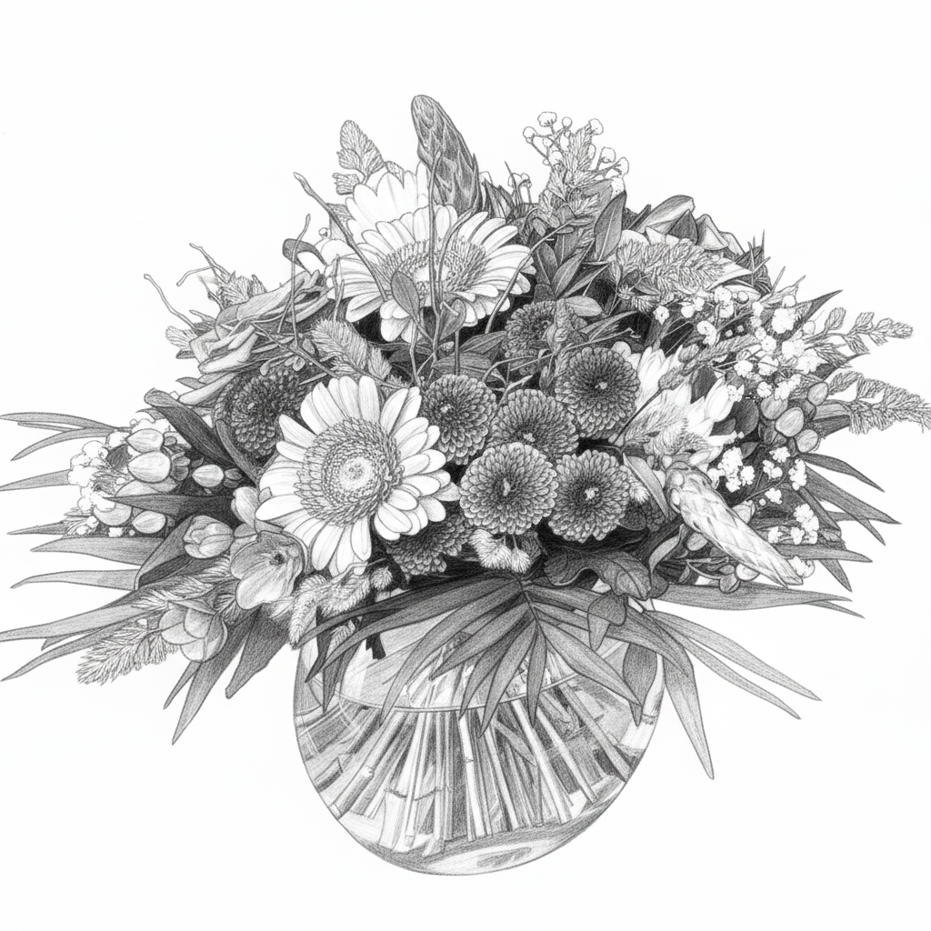 Schwarz-Weiß-Skizze Blumenstrauß